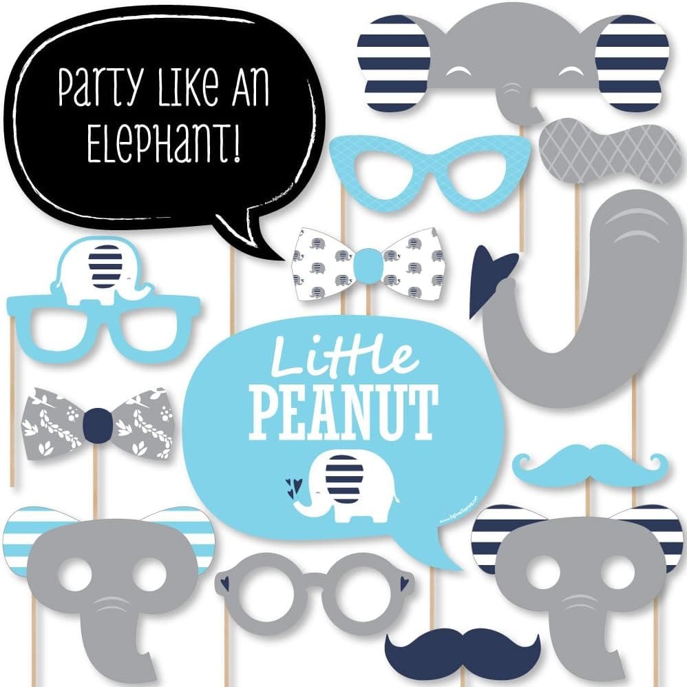 Big Dot of Happiness Blue Elephant - Boy Baby Shower or Birthday Party Photo Booth Props Kit - 20 Count