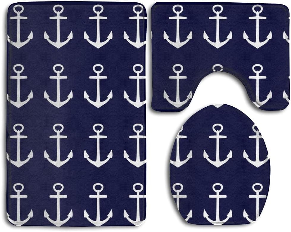 WEEDKEYCAT Nautical Navy Blue Anchor Of Sailor Non Slip Large Home Bathroom Rugs Doormats,Soft Toilet Rug U-Shaped Mat,Premium Round Toilet Lid Cover 3 Pieces Set
