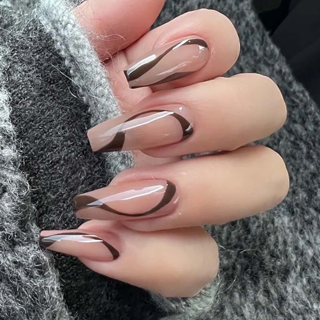 RikView Long Press on Nails Coffin Fake Nails with Swirls Design Black Acrylic Nails Clear Nails