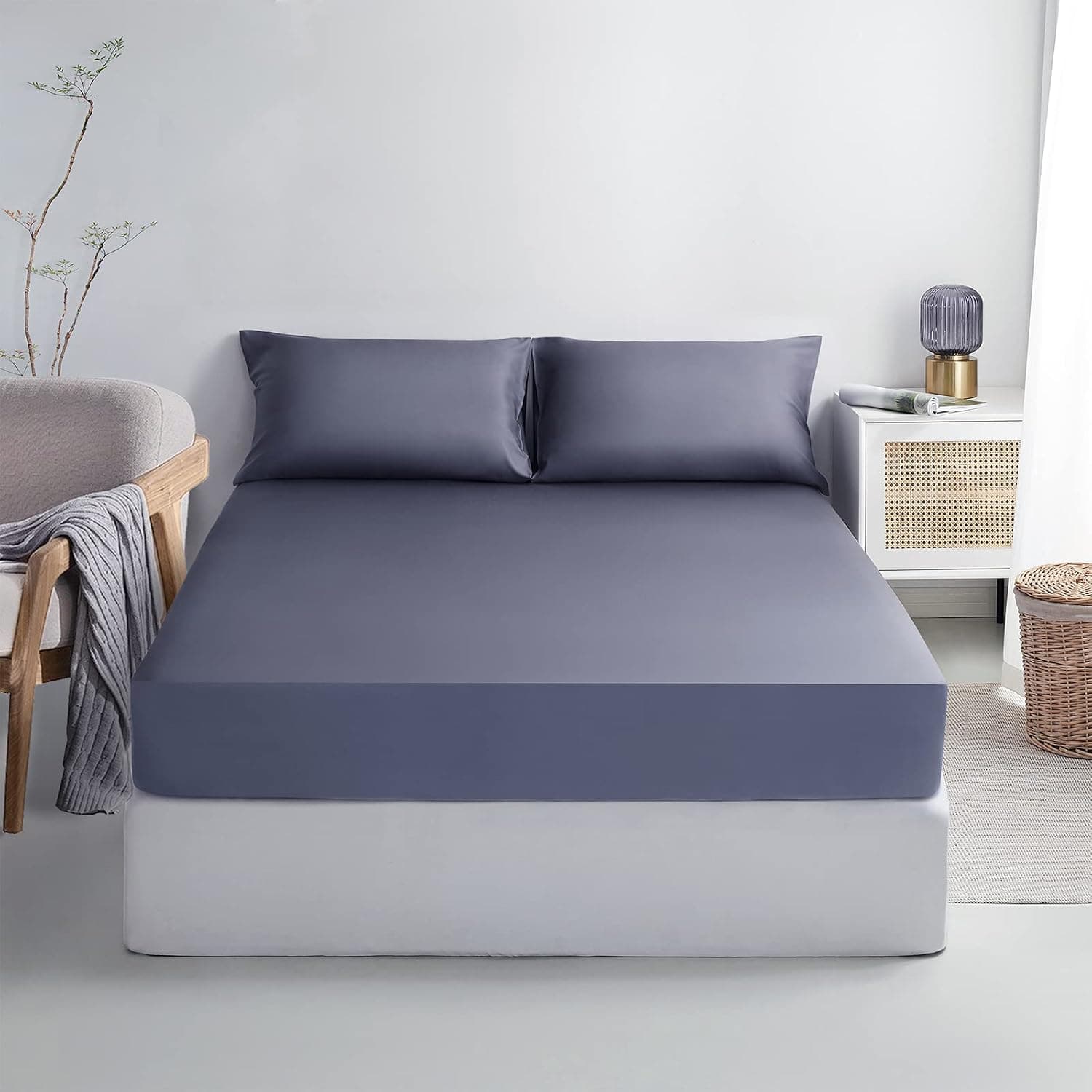 YIYEA 100% Organic Viscose Bamboo Fitted Sheet with Pillowcase, Premium 400 Thread Count Cooling Fitted Sheet Queen Size, 16 Inch Deep Pocket, Silky, Soft, Breathable - Queen, Grey