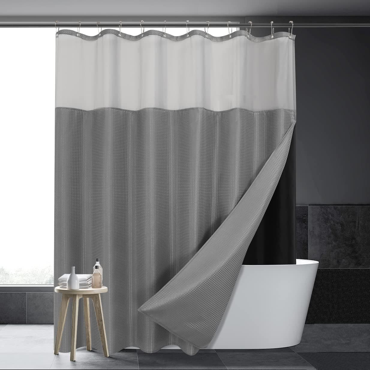 ComfzHaus Waffle Weave Grey Shower Curtain with Snap On Fabric Liner Set, 12 Hooks Included - Hotel Style, Waterproof & Washable, Heavyweight Fabric & Mesh Top Window - 72x72