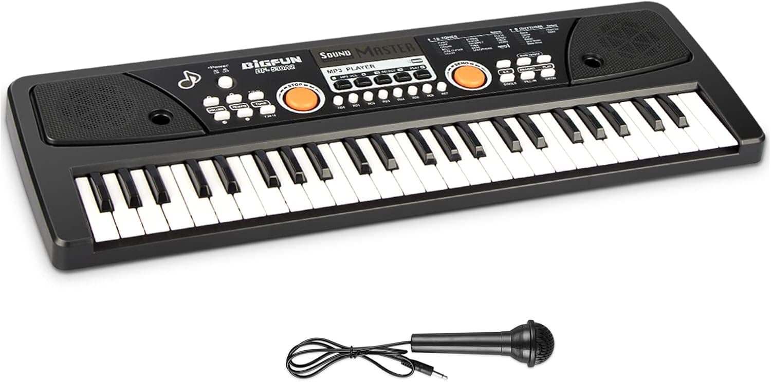 HAOTUTOYS Kids Keyboard Piano 49 Keys Portable Electronic Musical Instrument Multi-Function Music Keyboard Piano for Kids Early Learning Educational Toy Birthday Xmas Day Gifts (Black)