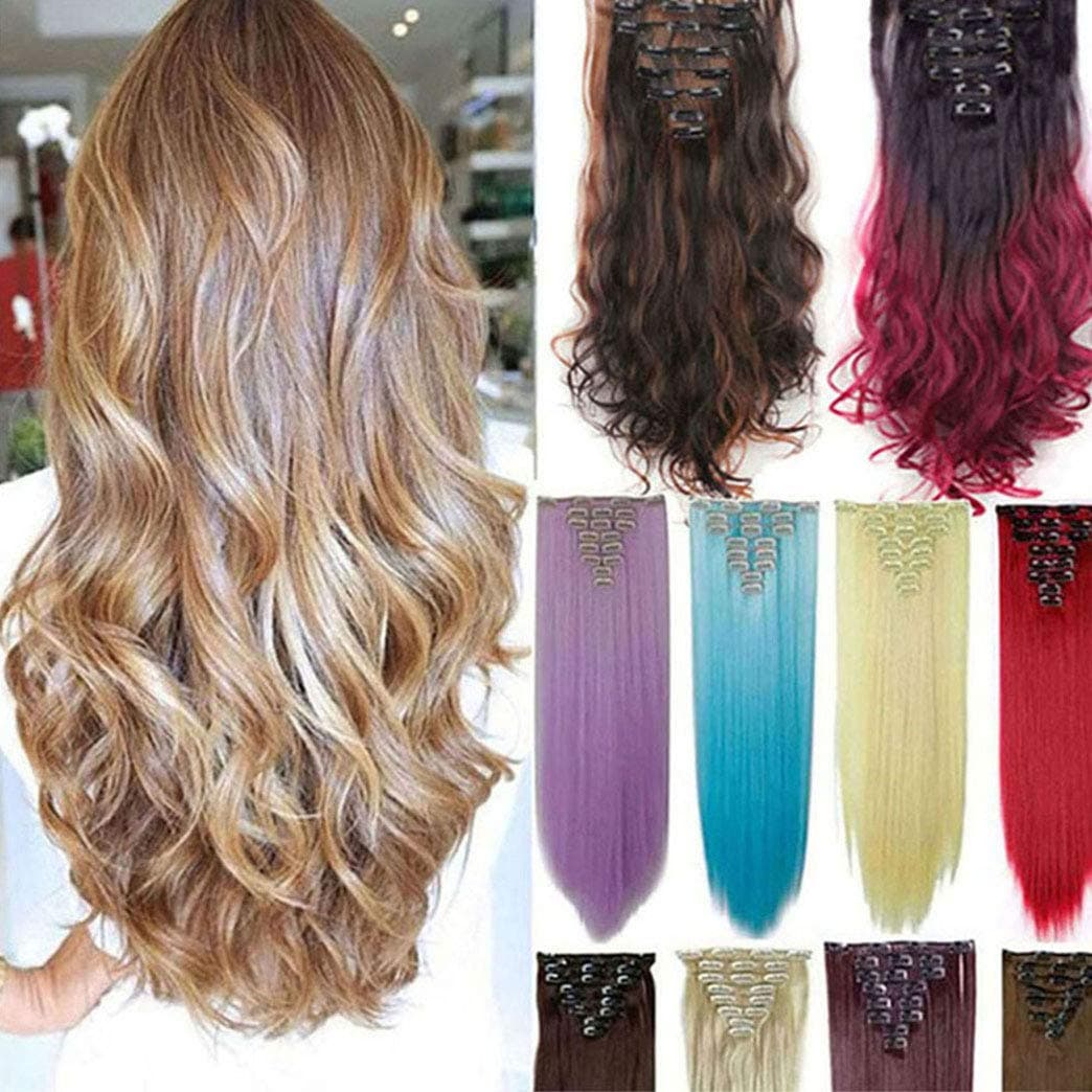 8Pcs 18 Clips 17-26 Inch Curly Straight Full Head Clip in on Hair Extensions Hairpiece 27colors