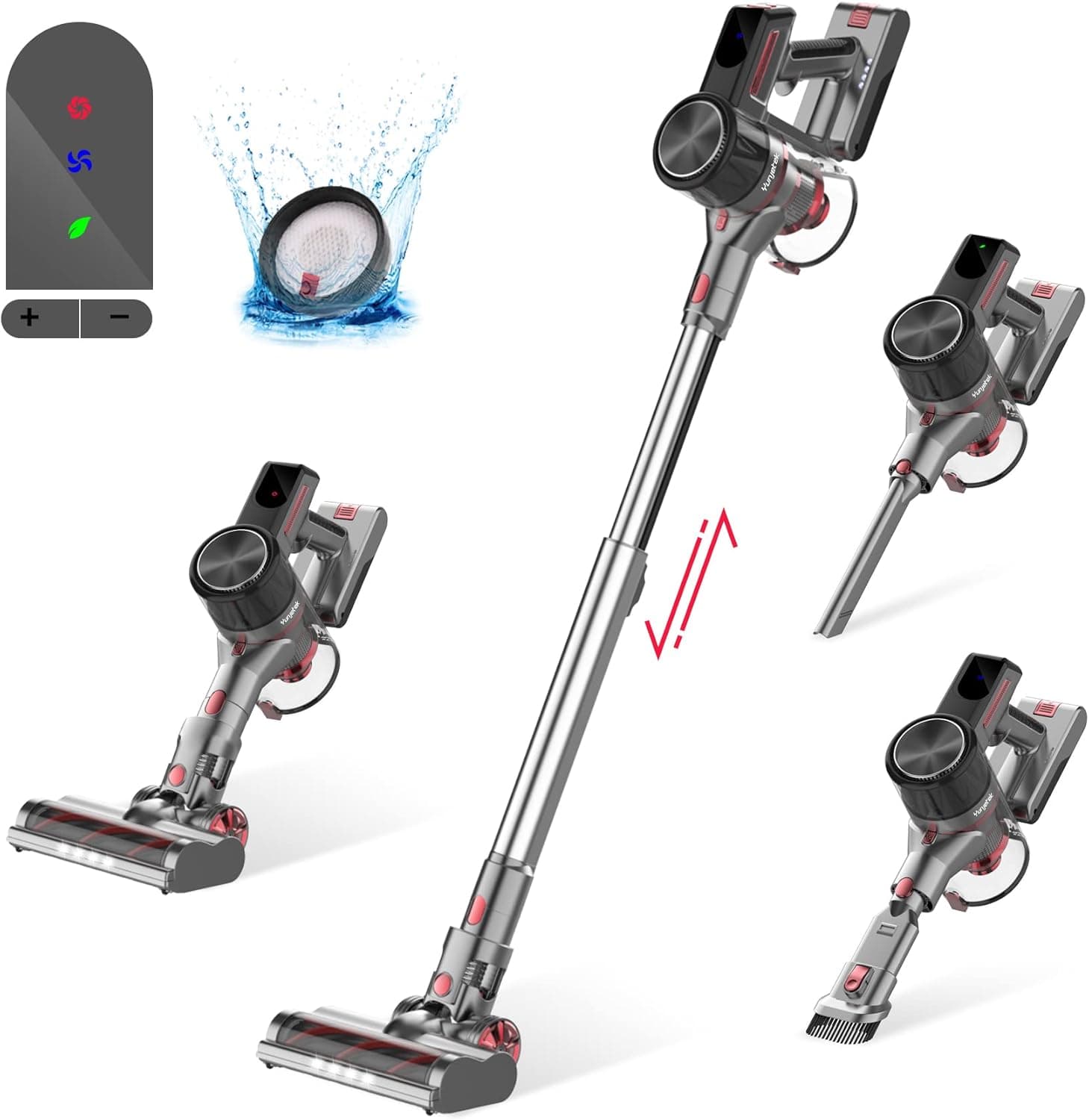 Yunjetek Cordless Vacuum Cleaner, 26Kpa Powerful Cordless Stick Vacuum with 300W Motor, 6-in-1 Lightweight Battery Vacuum Up to 45mins Runtime, Self-Standing Vacuum for Pet Hair Hardfloor Carpet Home