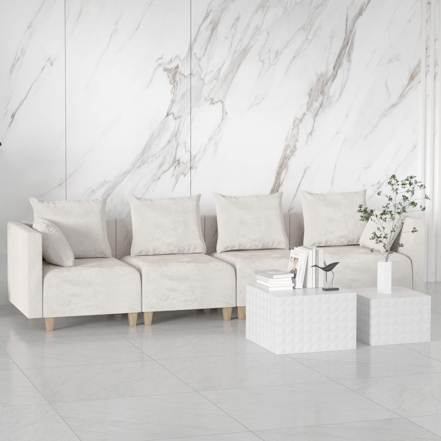 kevinplus 118'' Velvet Convertible Sectional Sofa Couch with Chaise Ottoman for Living Room, Modern Luxury 4-Seat U-Shaped Couch with Strong Wood Legs Sofa for Apartment, Beige