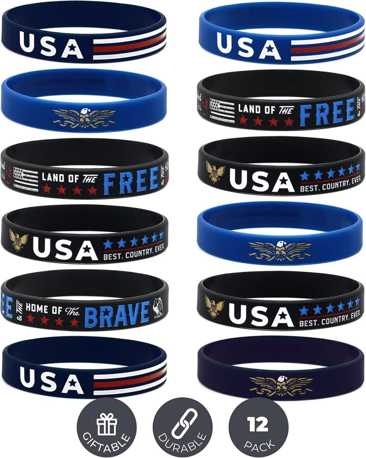 Inkstone (12-pack) USA Patriotic Silicone Bracelets, Variety Pack - Wholesale Bulk Patriotic American Flag Gifts Party Favors Supplies - Unisex Patriotic Jewelry Apparel for Men Women Teens