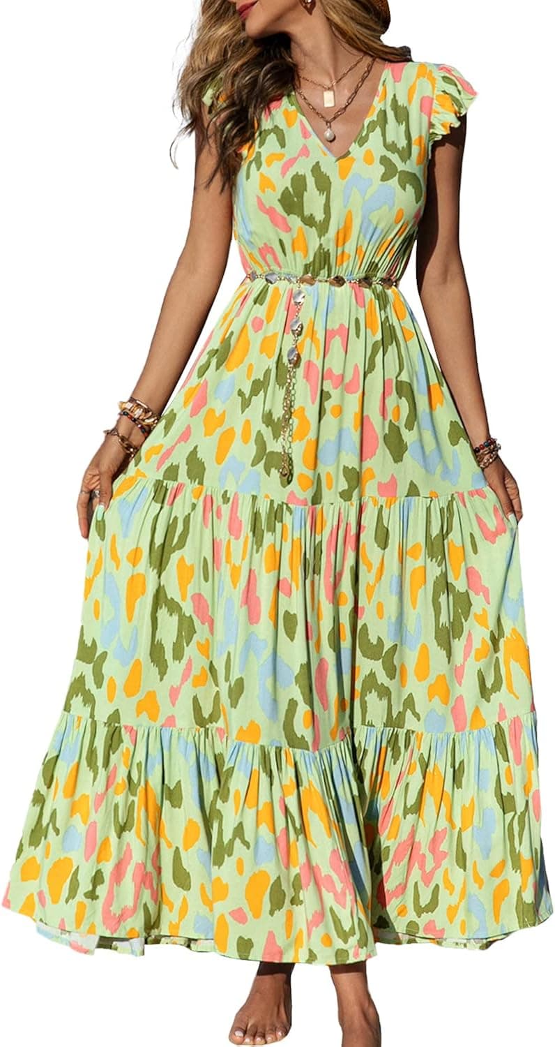 YESNO Women Casual Long Floral Printed Beach Party Maxi Dresses V Neck Summer Flared Tank Dress with Pockets E76