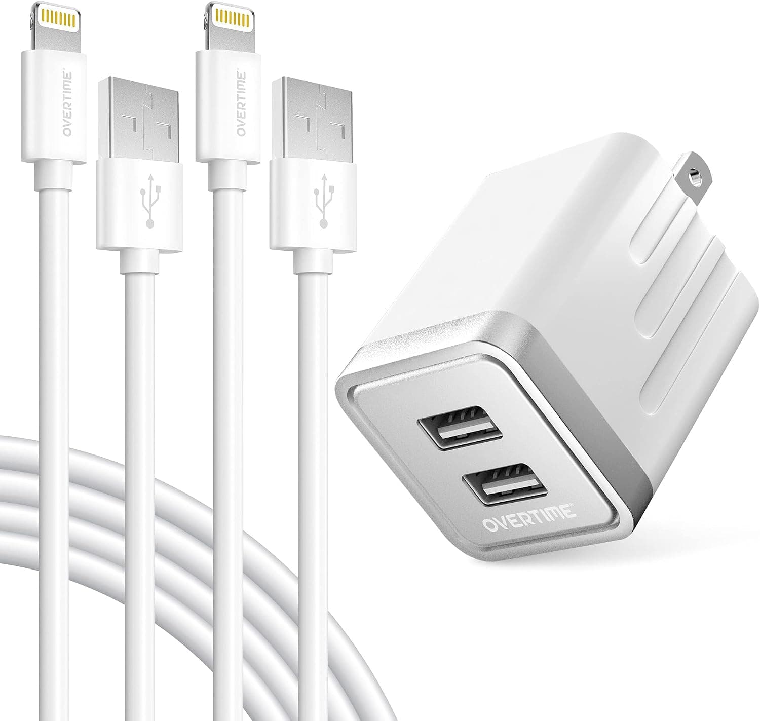 overtime iPhone Charger Set, 2-Pack Apple MFi Certified Lightning Cables with 1 Dual USB Wall Adapter - 2.4 AMP Compatible w/iPhone 11 Pro Max XS XR X 8 7 6S 6 Plus SE iPad (Silver/White, 6ft)