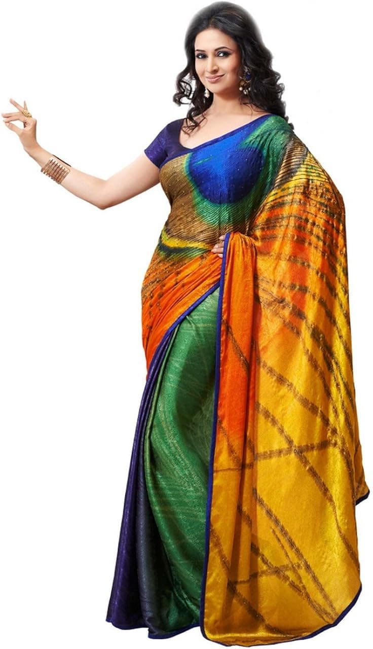 Saris and Things Shaded Peacock Print Satin Designer Saree Printed Sari