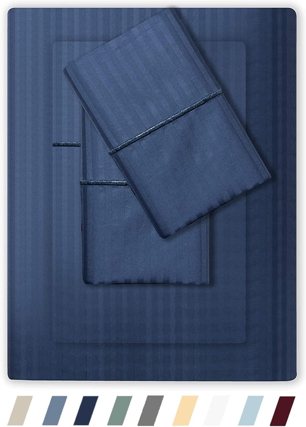 Feather & Stitch Queen Size Damask Bed Sheets|100% Soft Cotton Breathable BedSheet Set of 4|18" Deep Pockets 500 TC Sateen Weave Striped Bedding Mattress Resort Hotel Luxury Decor|Dark Blue