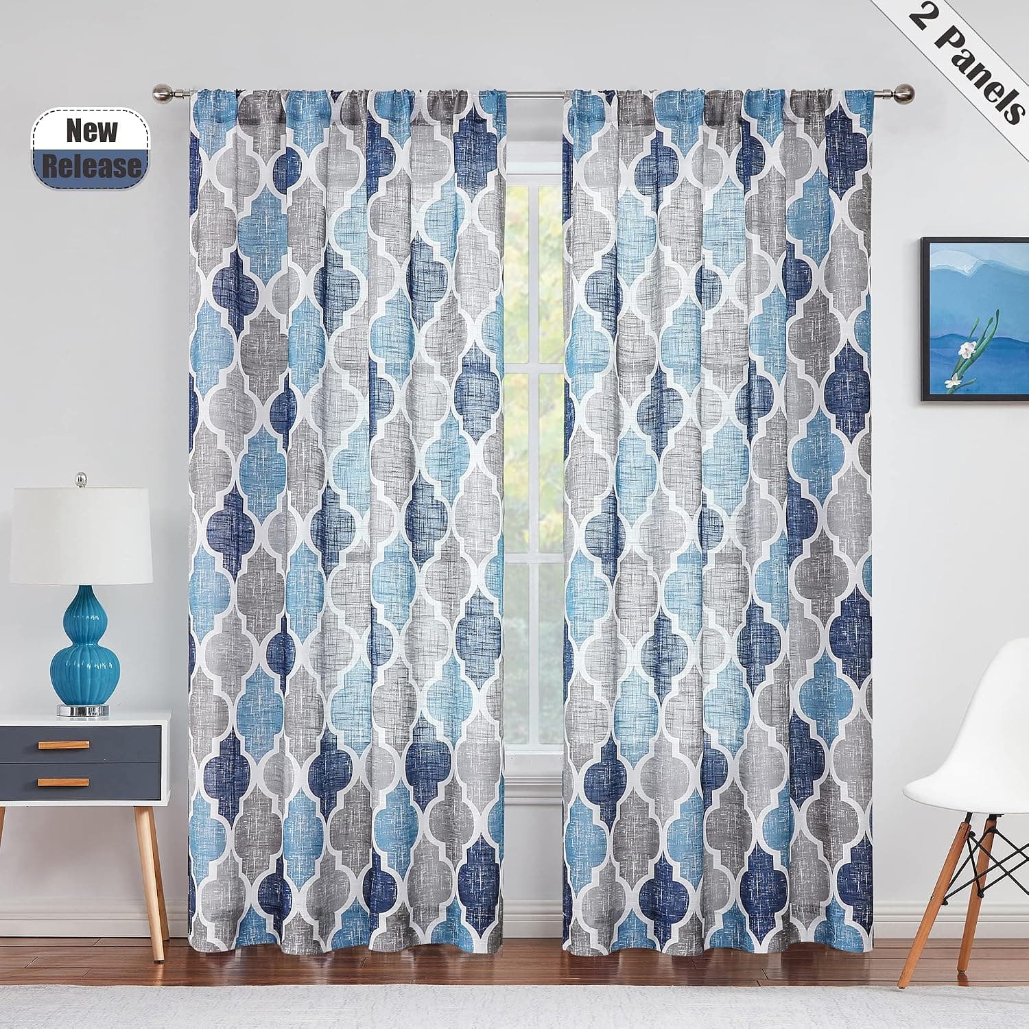 Beauoop Rod Pocket Lattice Moroccan Tile Print Curtains 45 Inches Long Quatrefoil Geometric Linen Like Semi Sheer Curtain Window Treatment for Living Room Kitchen, Set of 2, 50 x 45 Inch, Blue/Gray