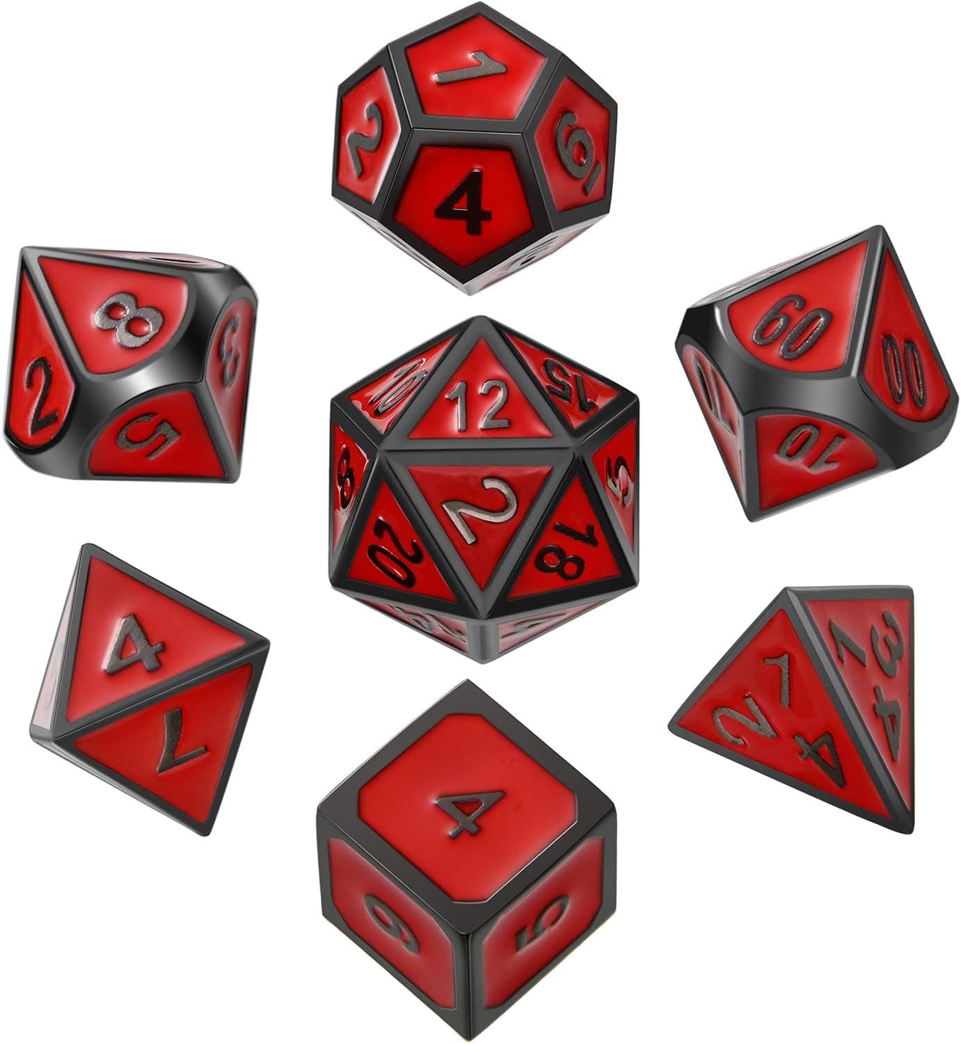 HESTYA 7 Pieces Metal Dices Set Game Polyhedral Solid Metal Dice Set with Storage Bag and Zinc Alloy with Enamel for Role Playing Game Dungeons and Dragons, Math Teaching (Black Edge Red 2)