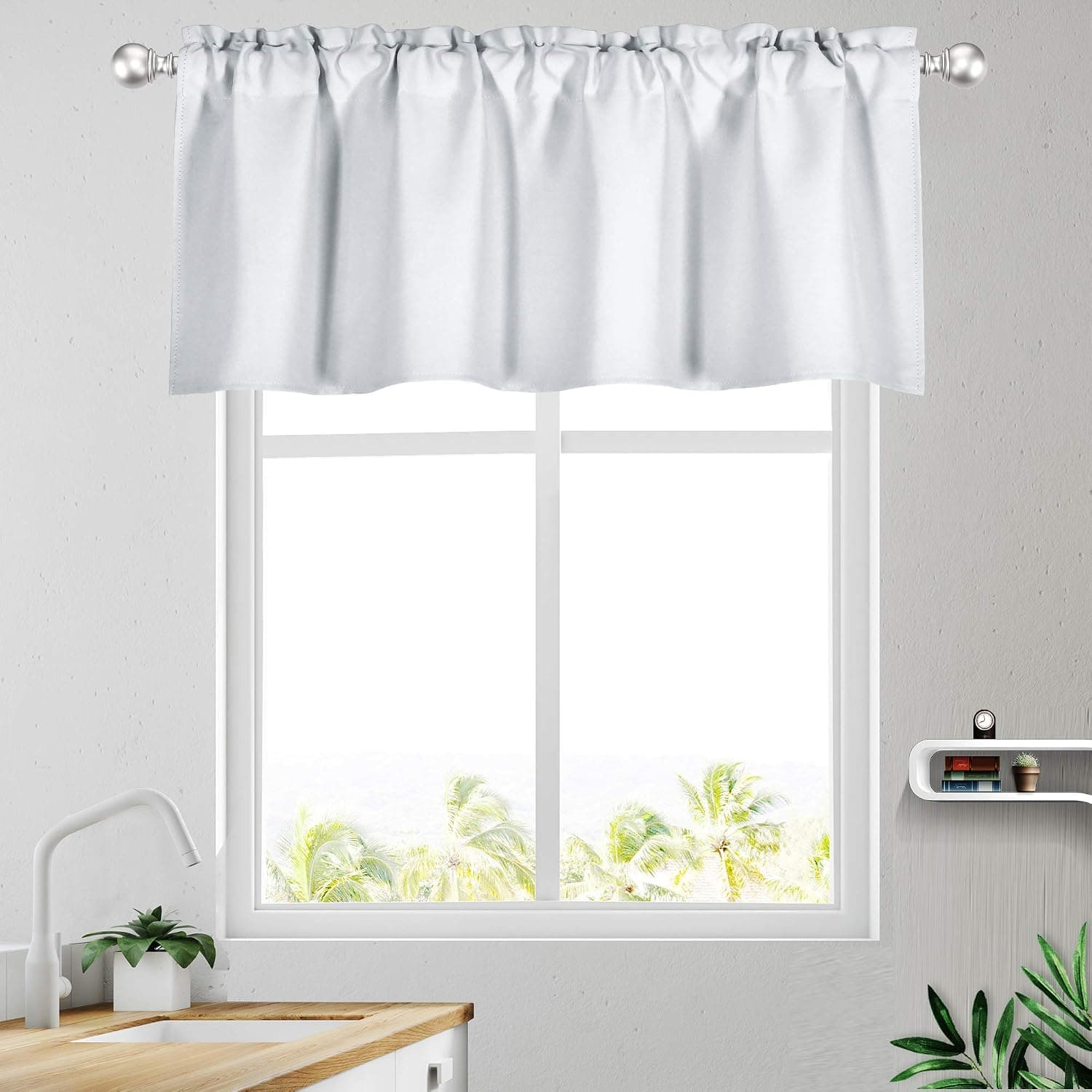KEQIAOSUOCAI Greyish White Window Valance 18 Inch Length - Blackout Valance Topper Curtains for Kitchen Bathroom, White, 1 Panel, 52W x 18L