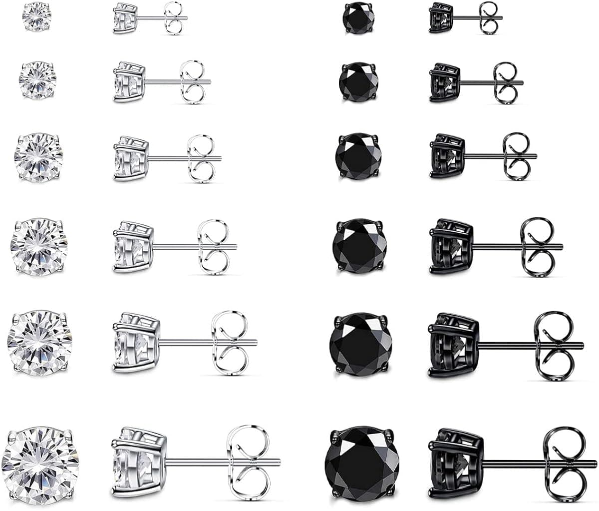 Ronglry 12PCS Stainless Steel Stud Earrings for Women Men Black Silver Stud Earrings Set Hypoallergenic Cubic Zirconia Earrings Small Round Stud Earrings Cartlidge Earrings Piercing Jewelry Gifts