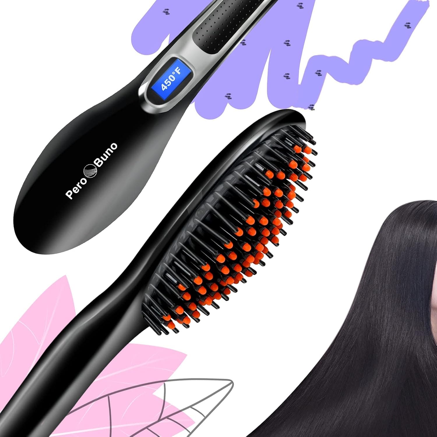 Enhanced Hair Straightener Brush by PeroBuno, 2-in-1 Ionic Straightening Brush with Anti-Scald Feature, Auto Temperature Lock & Auto-Off Function, 30s Fast Heating & 11 Temp Settings