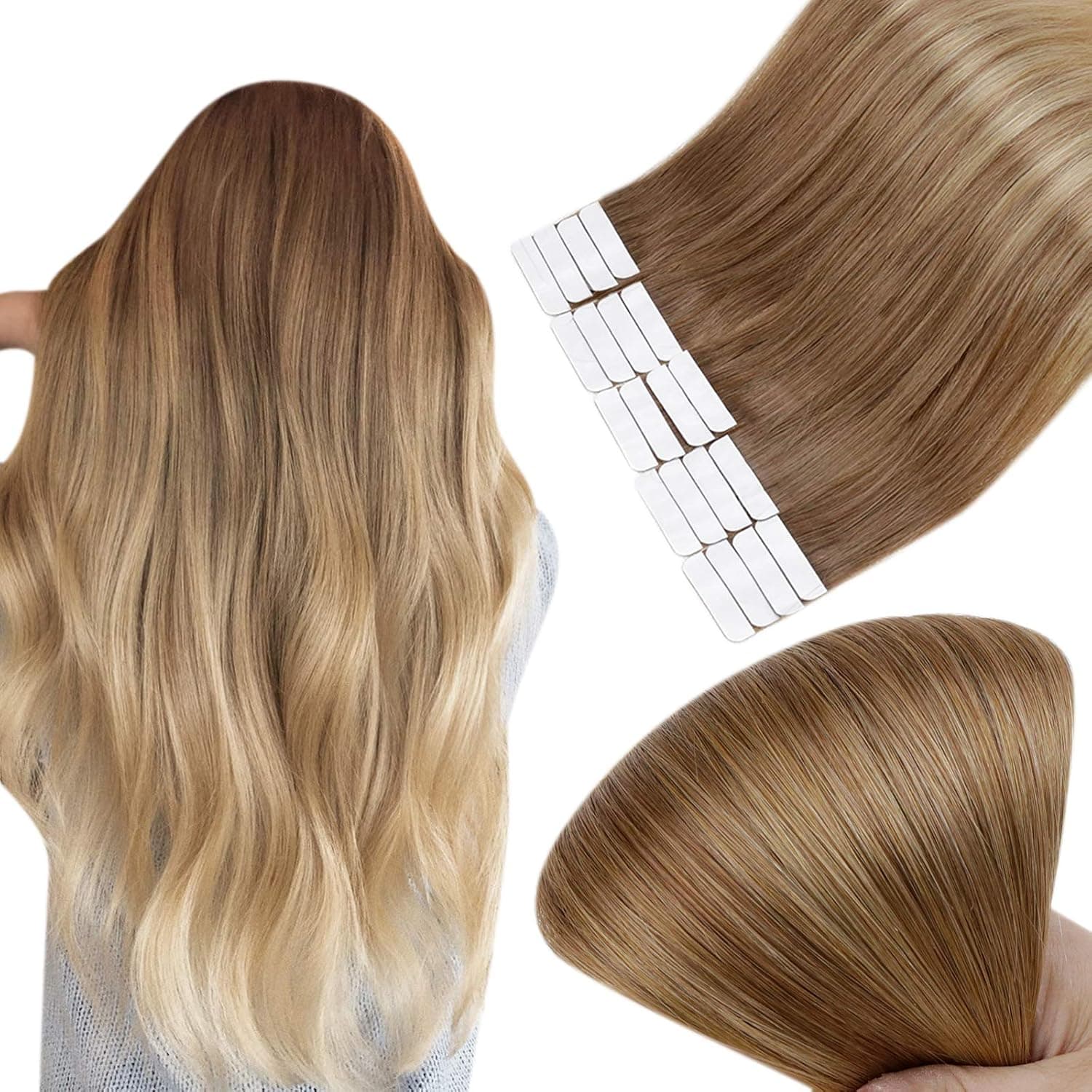 Full Shine Seamless Tape On Hair Extensions 18 Inch Double Sided Tape Hair Extensions Balayage Color 10 Golden Brown Fading To 14 Golden Blonde Glue In Hair Extensions 50 Gram Skin Weft Human Hair