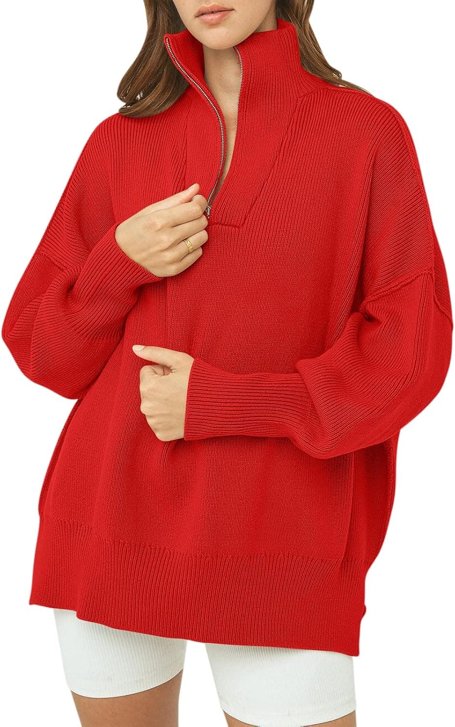 ANRABESS Women's Long Sleeve 1/4 Zipper Collar Drop Shoulder Oversized Slouchy Sweatshirt Pullover Sweater with Slit