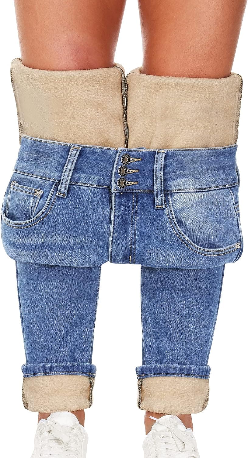 Qazel Vorrlon Women's Fleece Lined Jeans for Women Winter Warm Flannel Lined Jeans Womens High Waisted Skinny Stretch Pants
