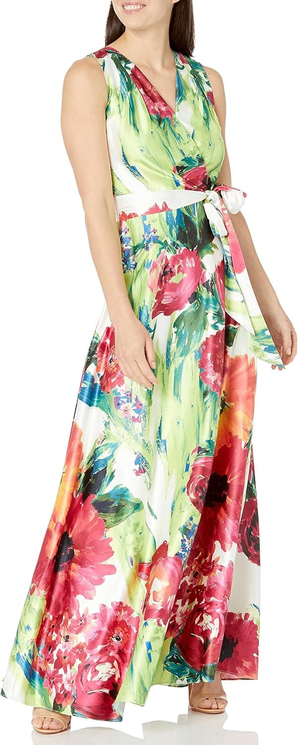 Tahari ASL Women's Sleeveless Surplus Tie Waist Floral Print Gown