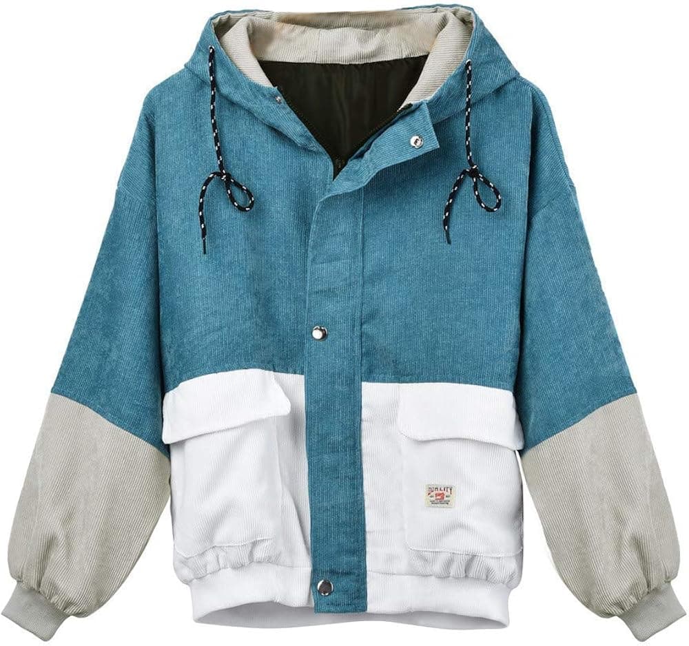 UOFOCO Jackets for Women Long Sleeve Corduroy Patchwork Oversize Windbreaker Coat Overcoat