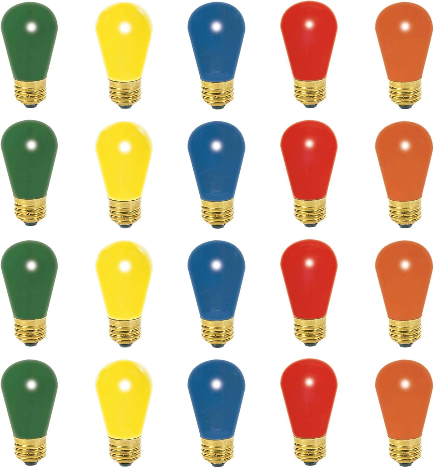 Multi-Colored S14 Bulbs 11 Watt Replacement Incandescent Glass Light Bulbs with E26 Medium Base for Indoor and Outdoor Commercial Grade Outdoor Patio Vintage String Lights Pack of 20