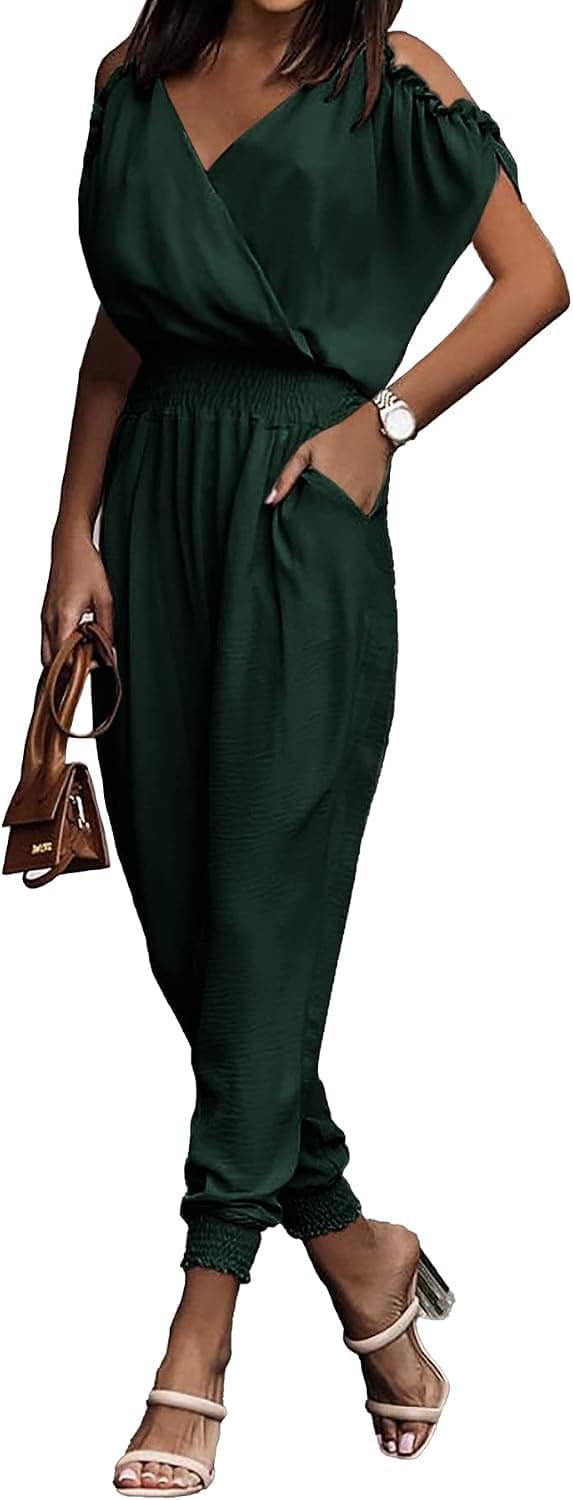 PRETTYGARDEN Jumpsuit for Women Casual Summer Wrap V Neck Cold Shoulder One Piece Outfits Pants Romper