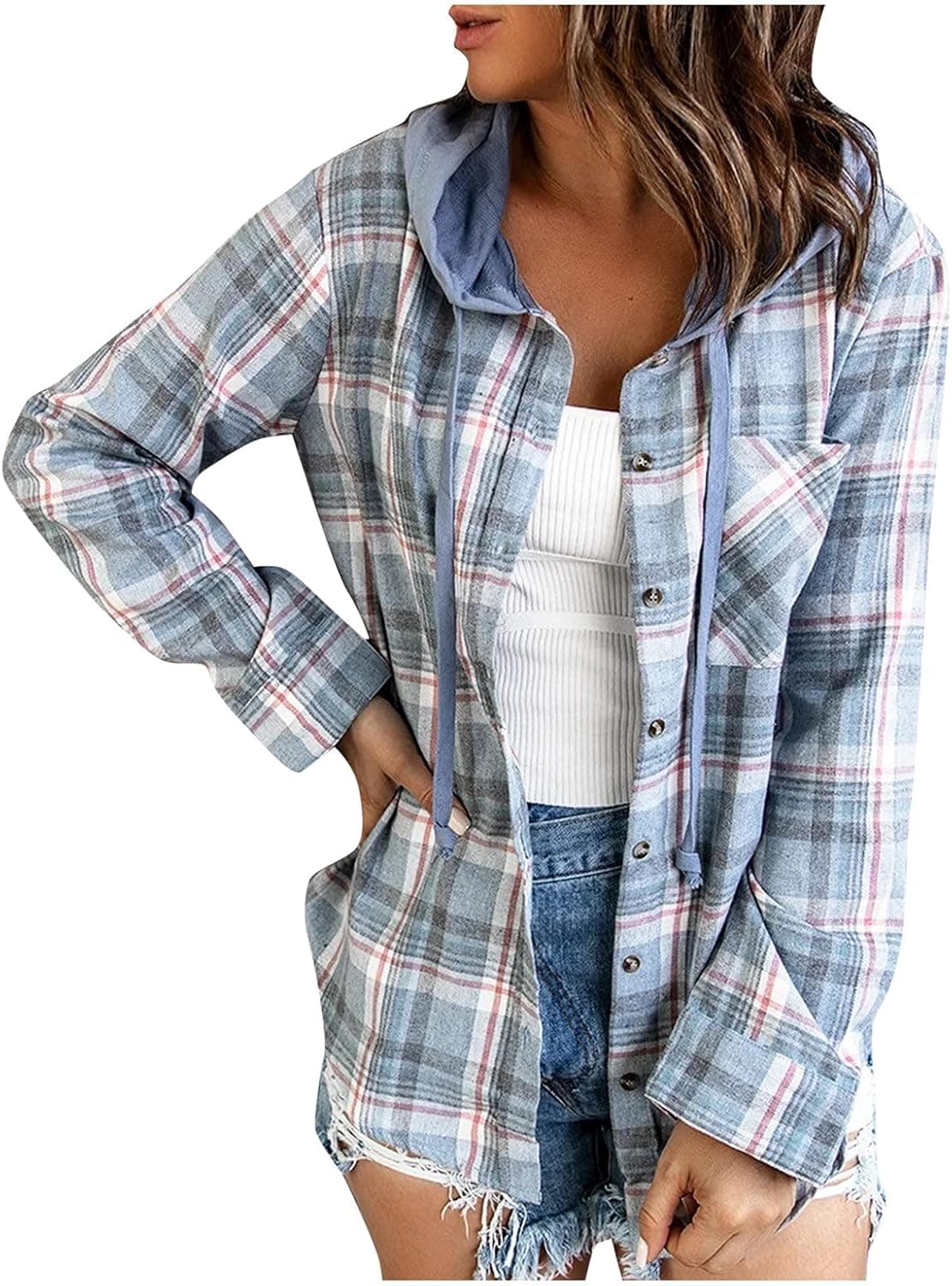 Womens Shirts Plaid Hoodie Jacket Long Sleeve Button Down Blouse Tops Casual Loose Fit Boyfriend Shirt with Pocket Plus Size