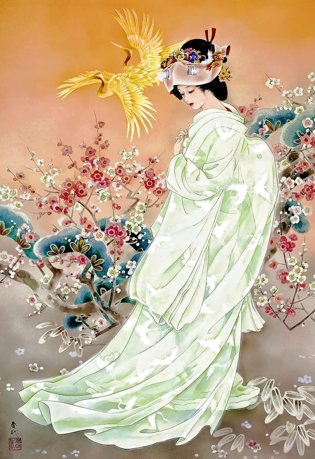 Taikoo White Kimono Phoenix Beauty Geisha by Haruyo Morita- 1000 Piece Wooden Jigsaw Puzzle for Famliy and Teens