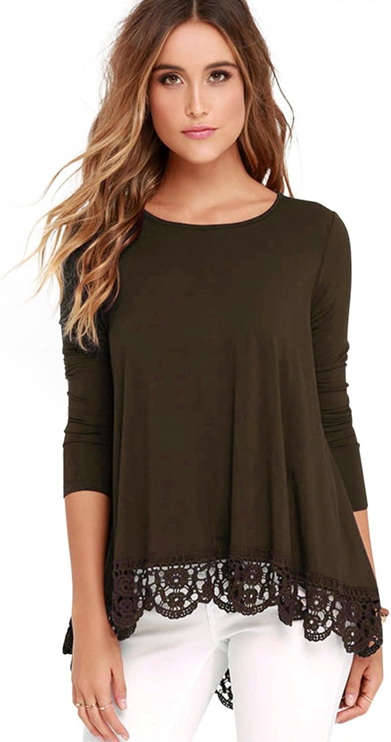 FISOUL Women's Tops Long Sleeve Lace Trim O-Neck A-Line Tunic Tops