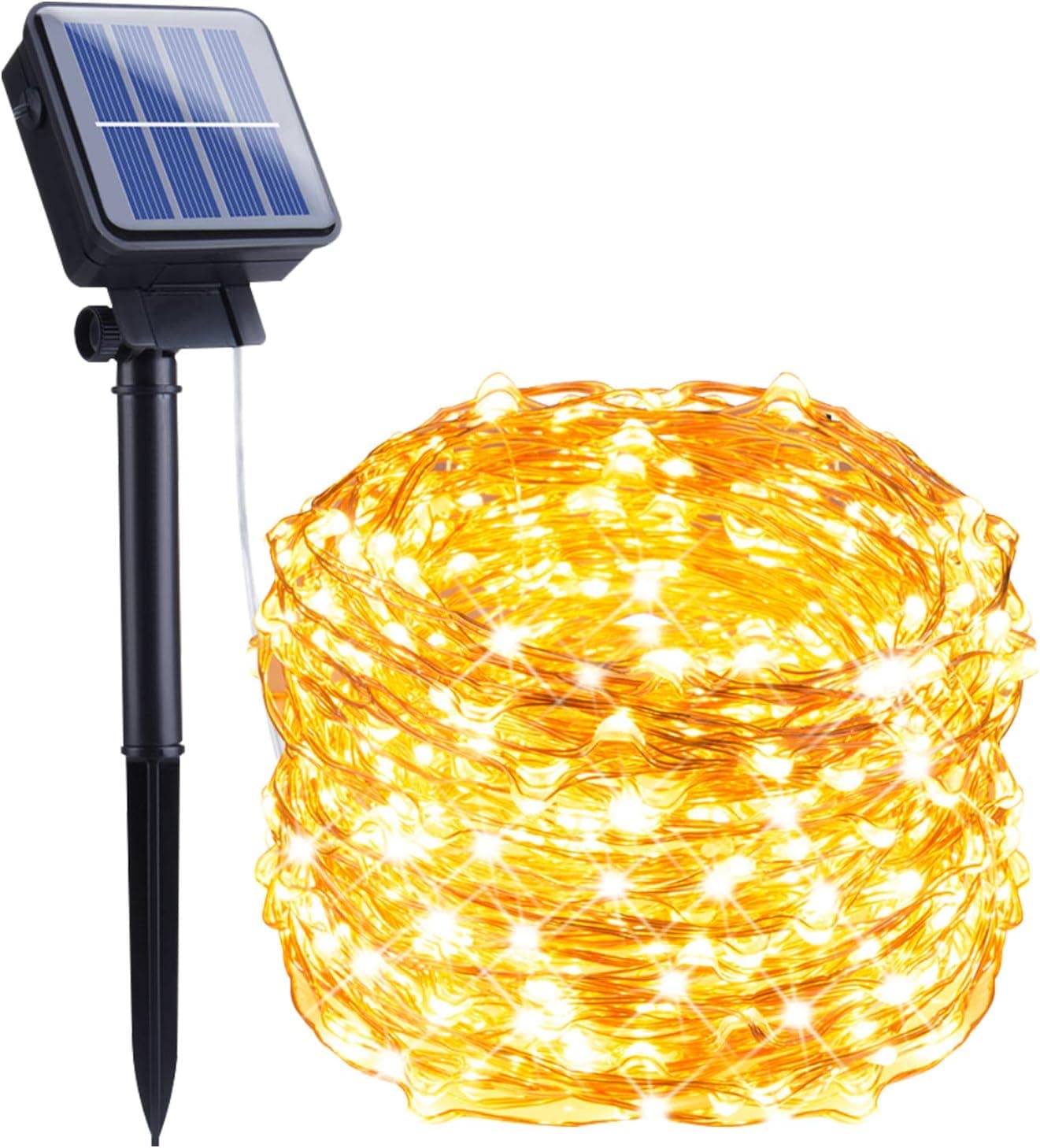 Outdoor Solar String Lights, 33Feet 100 Led Solar Powered Fairy Lights with 8 Lighting Modes Waterproof Decoration Copper Wire Lights for Patio Yard Trees Christmas Wedding Party (Warm White, 1 Pack)