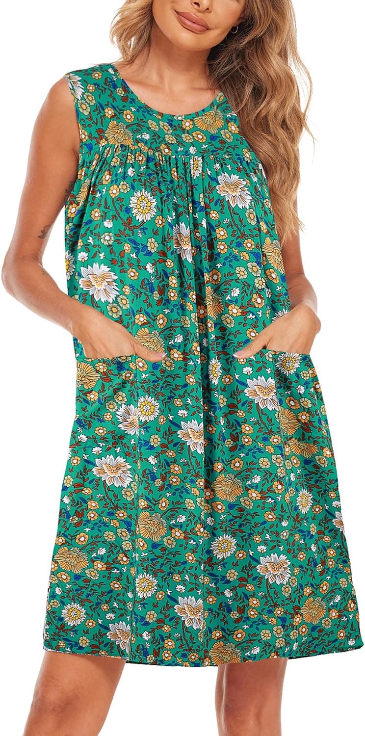 Sleeveless Shift Dress Sundress Floral Print House Dresses for Women with Pockets