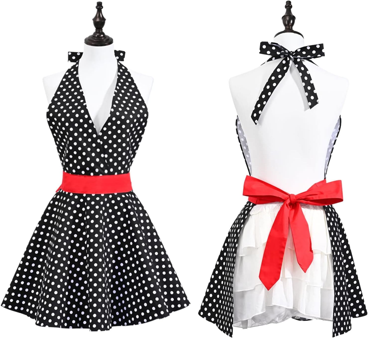 RosieLily Sexy Aprons for Women Adjustable Long Ties Cute Apron Retro Apron Vintage Apron Kitchen Apron for Cooking Baking Dress Cotton Flirty Apron V-Neck 50s Polka Dot Black Red