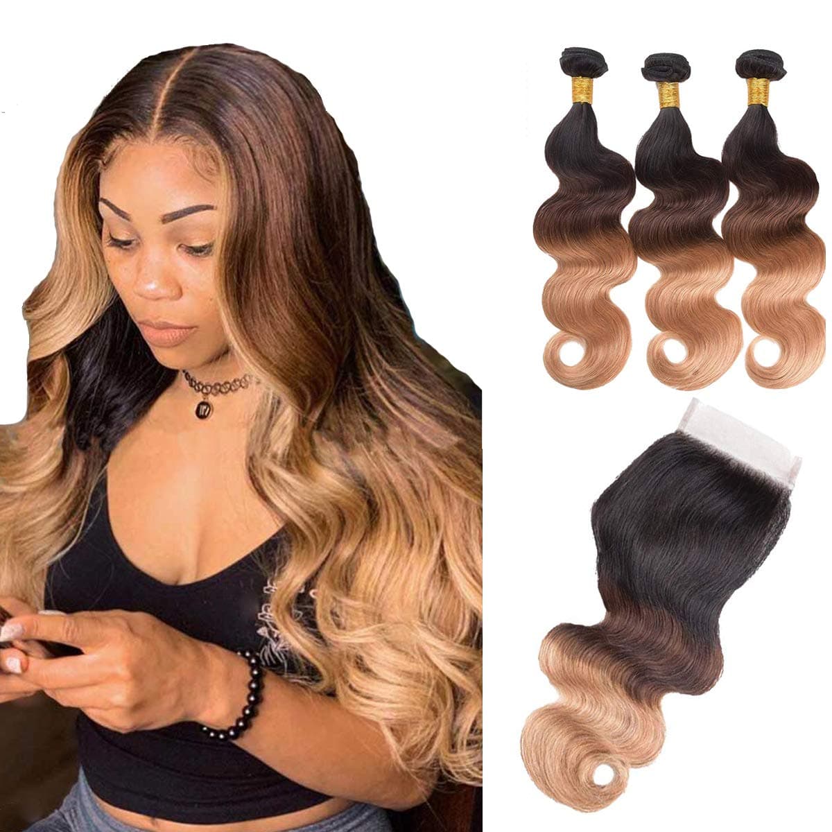 Brazilian Ombre Bundles with Closure Body Wave 3 Bundles 10A Virgin Human Hair Bundles with Free Part Lace Closure (14 16 18+12, 1B#/4#/27#)