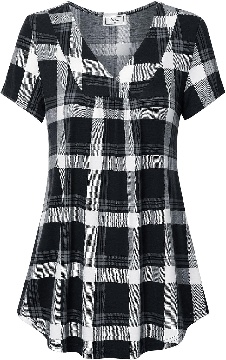 Women's Cross V Neck Short Sleeve Blouse Plaid Center Pleats Tunic Shirt Black M