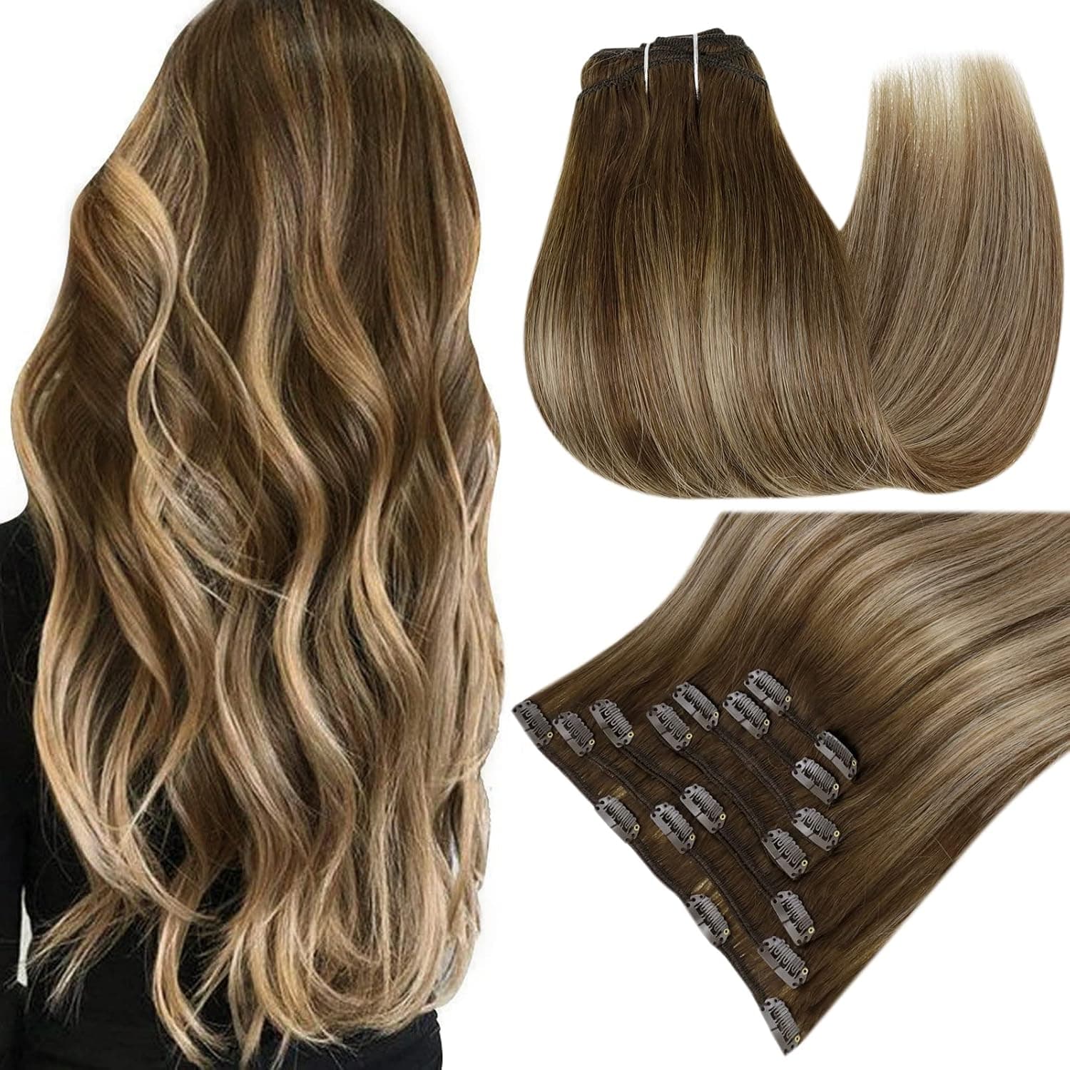 Easyouth Balayage Blonde Clip in Hair Extensions Human Hair 16 Inch Brown Fading to Caramel Blonde with Brown Remy Hair Extensions Clip on Straight Human Hair 120g/7pcs