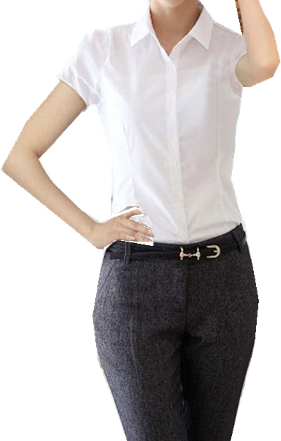 Taiduosheng Women White Slim fit Button Down Shirt with Bow tie Short Sleeve OL Blouse