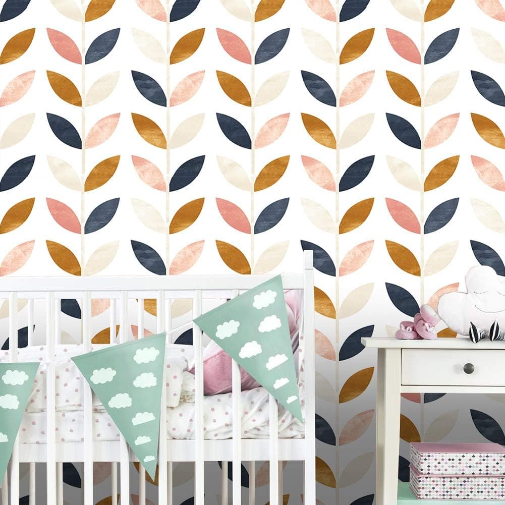 HAOKHOME 93017 Leaf Peel and Stick Wallpaper Removable White/Brown/Pink/Navy Blue Vinyl Self Adhesive Decorative 17.7in x 118in