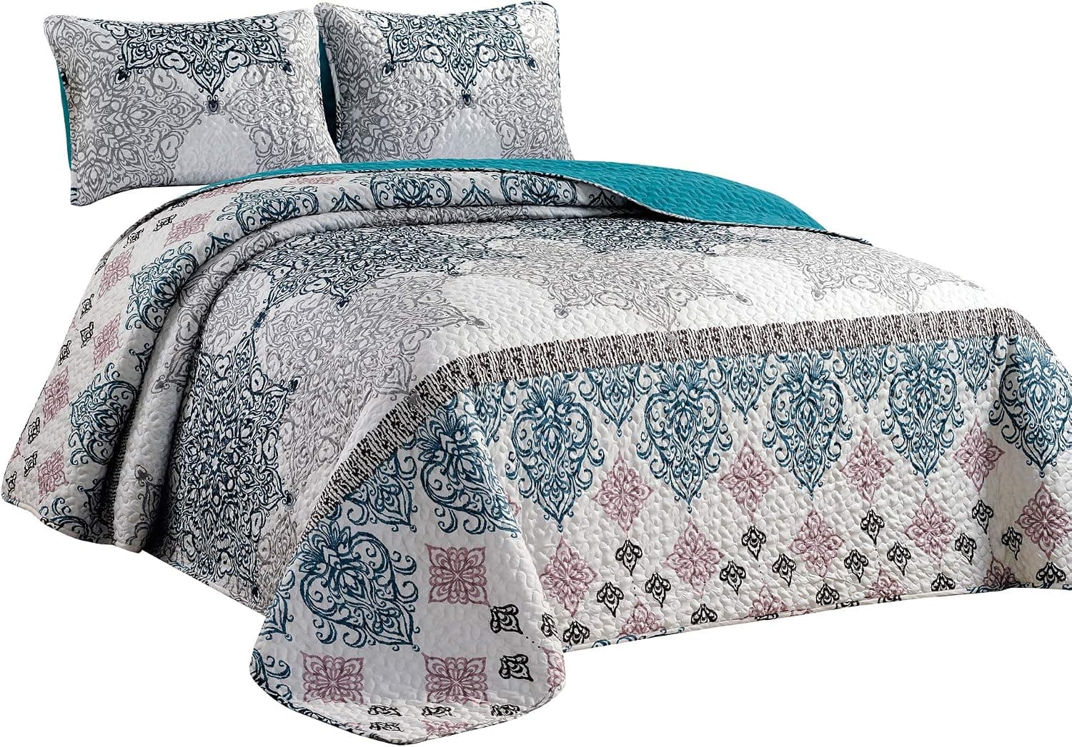 3-Piece Pattern Printed King Size Teal Blue/Grey Quilt Set Bedspread Coverlet Bed Cover