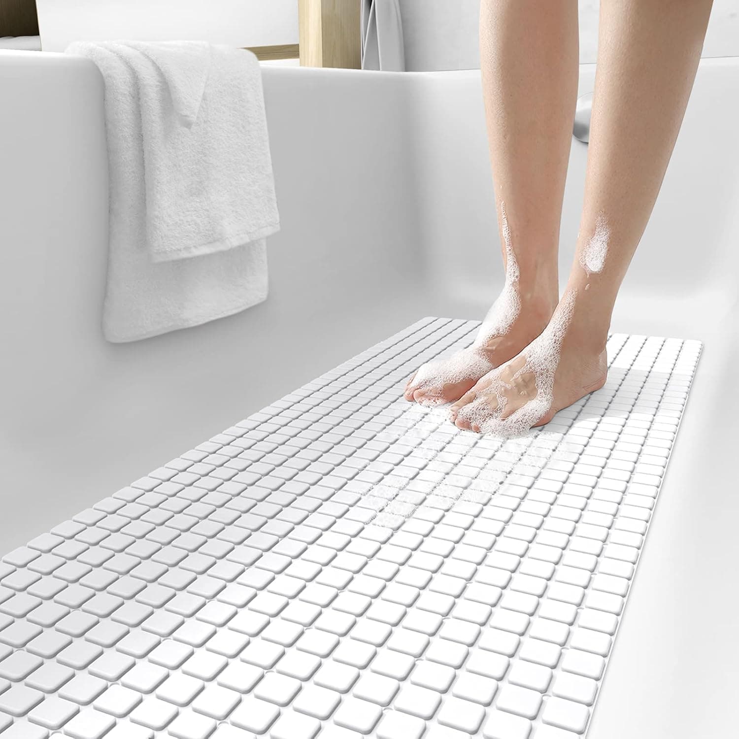 DEXI Bath Tub Shower Mat Non-Slip 16 x 39 Extra Long Bathtub Mats, Suction Cups, Drain Holes, Machine Washable Bathroom Mat, White