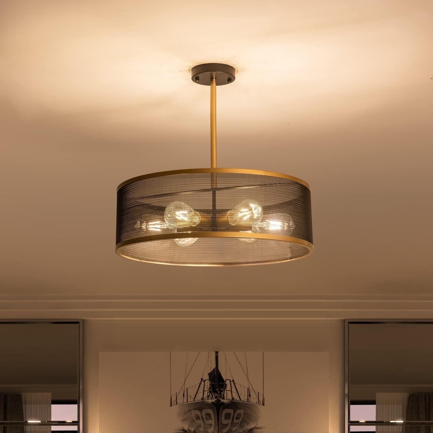 brfaixla 19.7" Modern Chandelier Semi Flush Mount Ceiling Light Fixtures, 6-Light Black Gold Industrial Vintage Metal Mesh Drum Chandelier for Kitchen Island Bedroom Living Dining Room Hallway Foyer