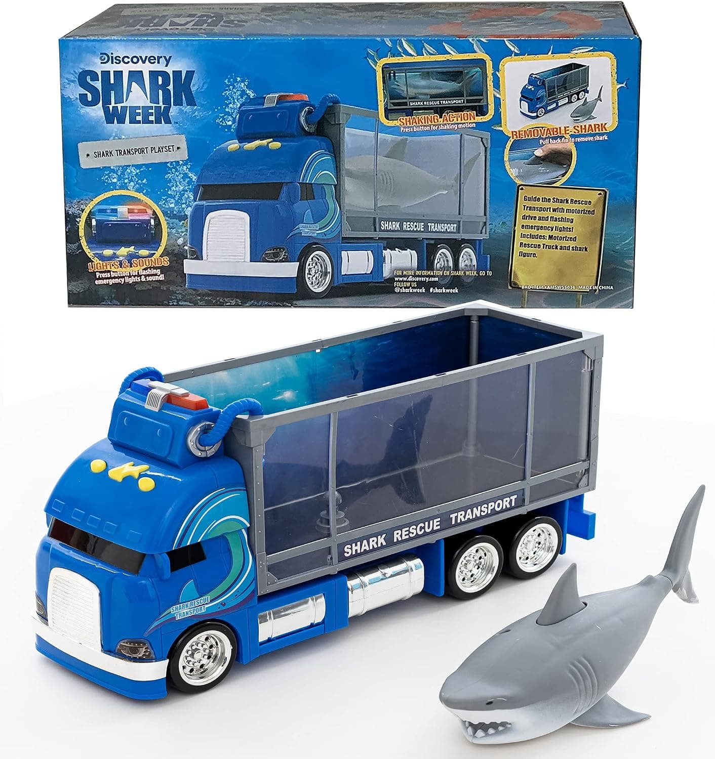 SHARK WEEK Discovery - Rescue Transport Truck Toy Playset for Kids, Includes Moving Toy Truck with Lights and Sounds, Great White Shark Tank, Hand Painted, Realistic, Eco Friendly, Officially Licensed