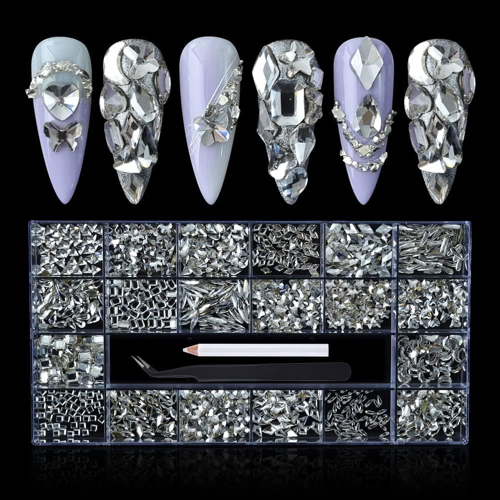 DSHIJIE AB Nail Crystal Kit,1000pcs Rhinestones Nail Art Set Nail Gems Iridescent Clear Class Multi-Shape Flat Back Shiny Nail Jewels for Nail Art DIY Crafts Phones Clothes Shoes Jewelry Bag