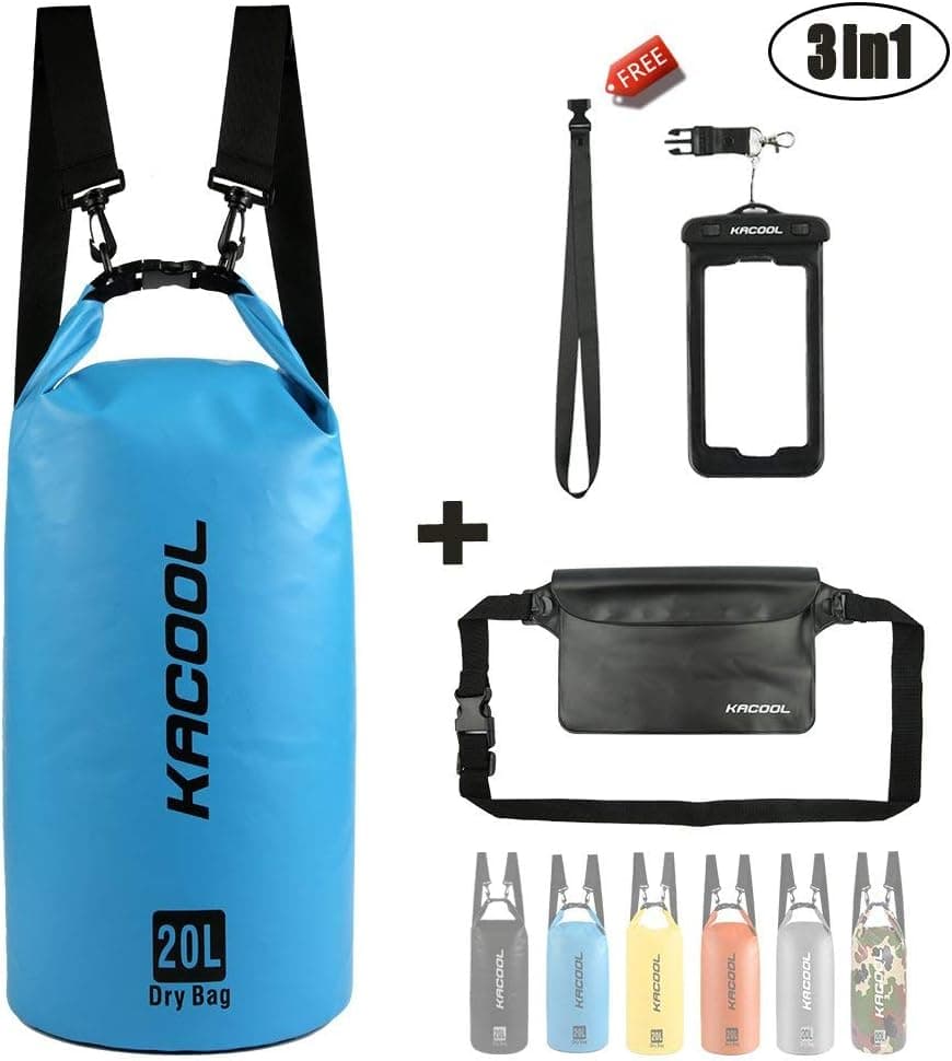 KACOOL Waterproof Dry Bag 20L Floating Lightweight Backpack with Detachable Strap, Waterproof Waist Pouch and Phone Case (Perfect for Kayaking/Canoeing/Rafting/Boating/Hiking/Fishing/Swimming)-Blue