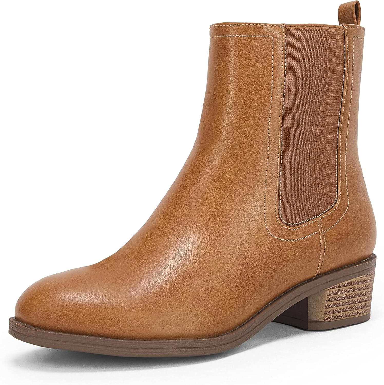 Womens Chelsea Ankle Boot Slip On Stacked Low Heel Rubber Sole Combat Boot Round Toe Faux Leather Booties