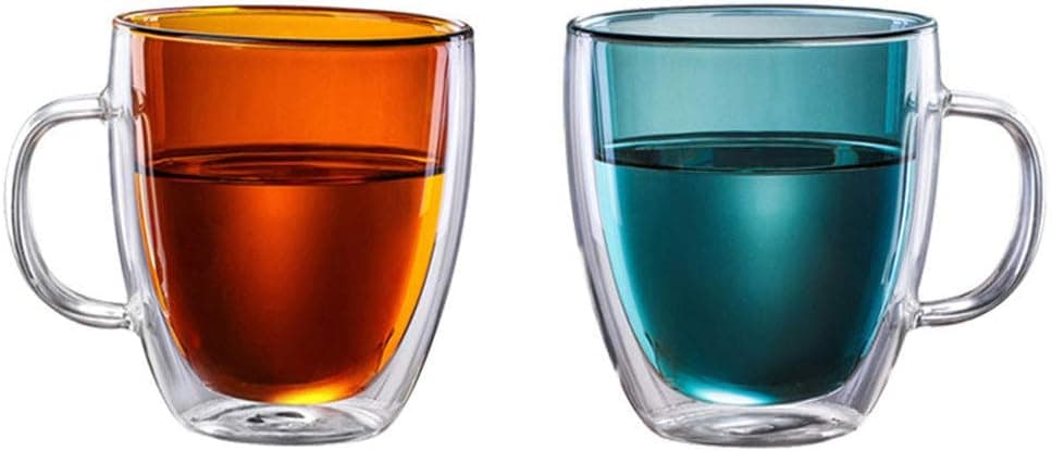 Lxuwbd-Set of 12-ounce colored double glass coffee cups, 2 cups with handles