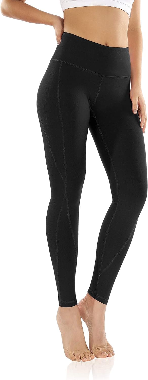 ODODOS Women's Mid Waisted Yoga Leggings, Full Length Workout Running Compression Tights Athletic Leggings Pants with Inner Pocket,Black,Medium