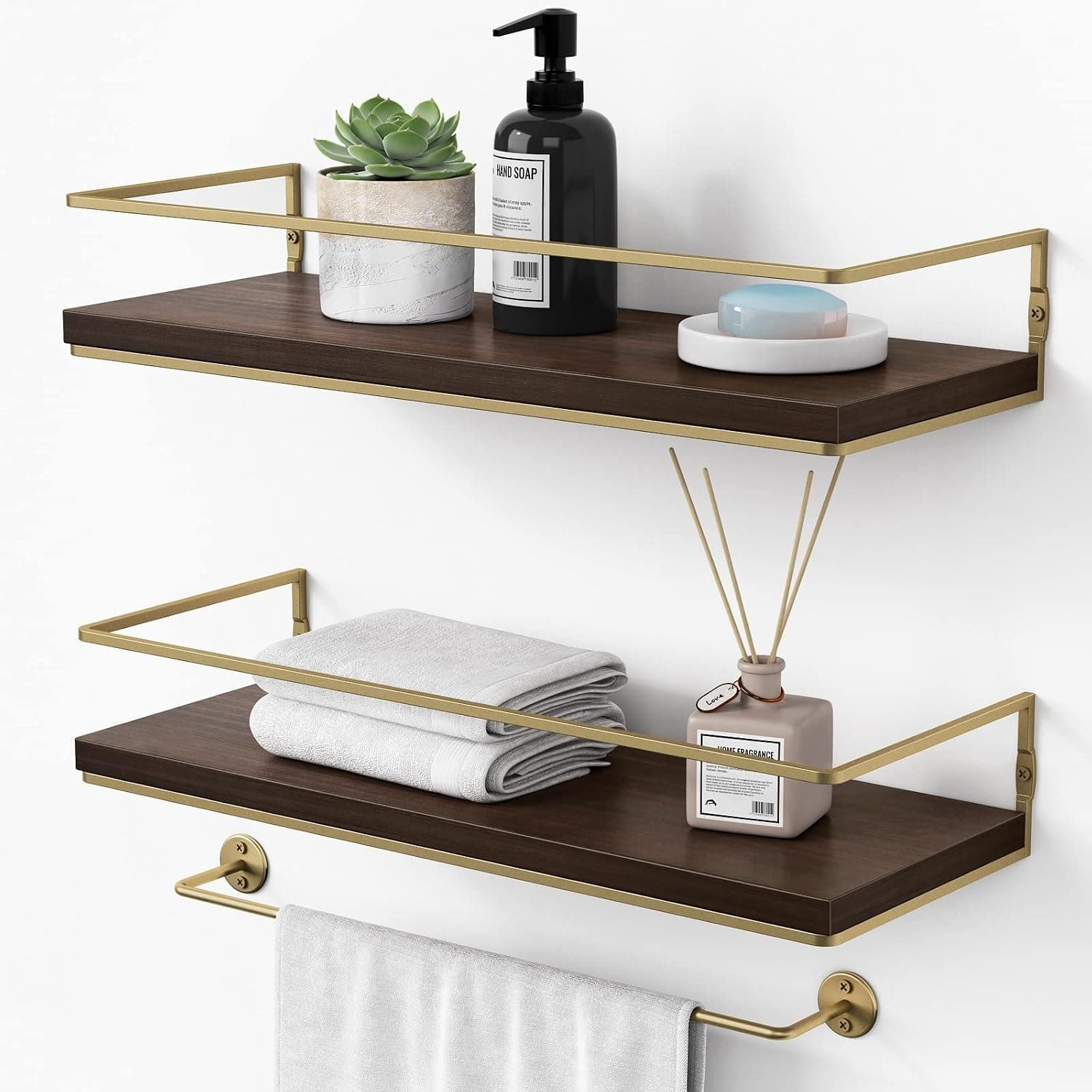 Rustic Brown Floating Shelves for Bathroom with Towel Bar, Farmhouse Bathroom Wall Shelves with Gold Rail for Bedroom Kitchen Entryway Coffee Nook Station Storage, Dark Wood Color, Set of 2