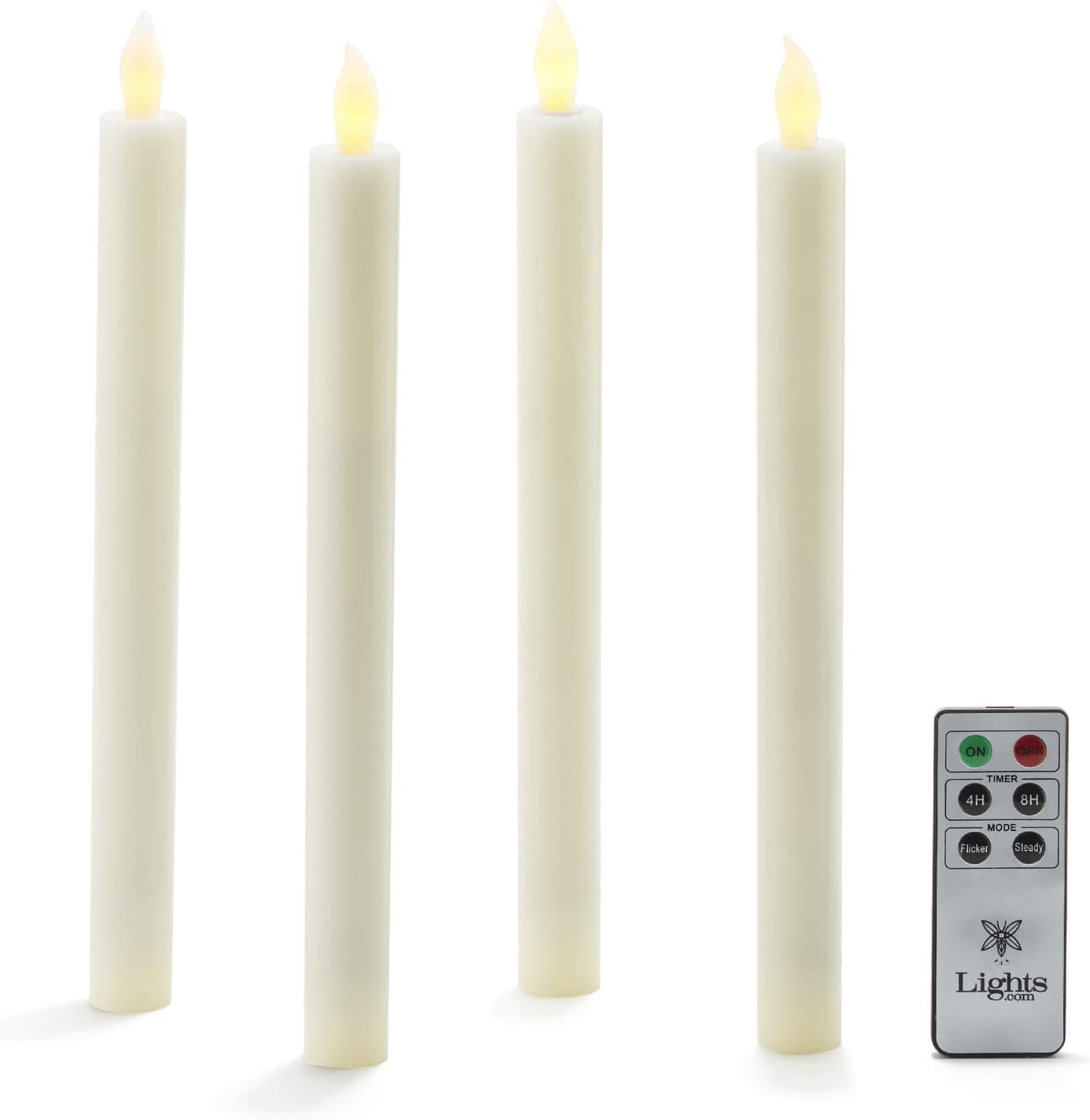 LED Flameless Ivory Taper Candles, 10 Inch, Smooth Wax Finish, Push-Activated, Remote & Batteries Included - Set of 4