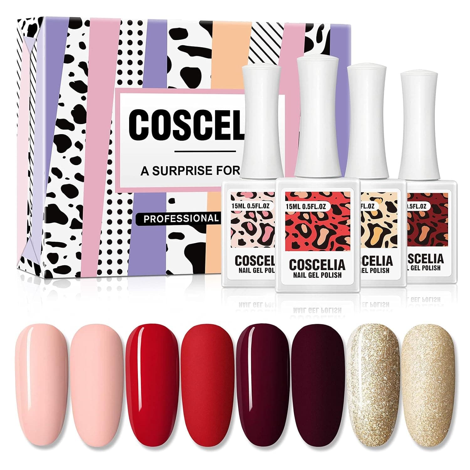 COSCELIA Gel Nail Polish Kit, 4PCS 15ml Soak Off Gel Polish Starter Kit Red Golden Glitter Colors Nail Art Manicure Design Kit at Home DIY
