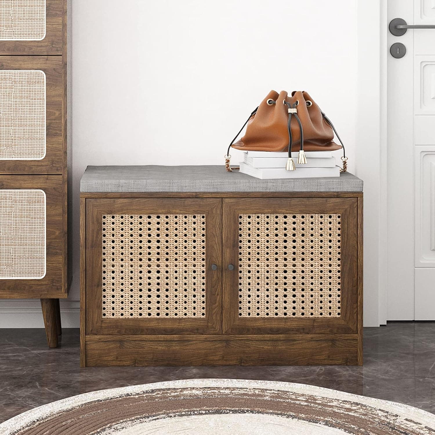 RARZOE Shoe Storage Bench, Entryway Shoe Bench with Handmade Natural Rattan Doors, 2-Tier Shoe Rack Organizer Adjustable Shelves for Entryway, Bedroom, Hallway, Walnut